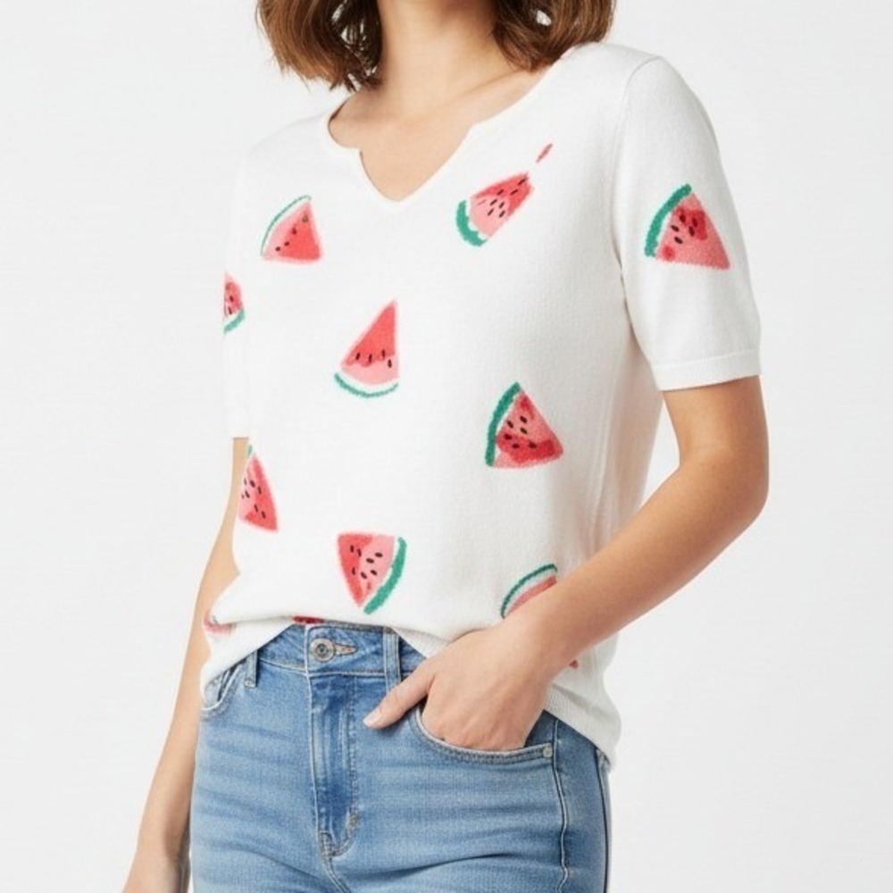 Talbots Womens Sweater Watermelon Print Cotton Rayon V-Neck White Petite‎ P